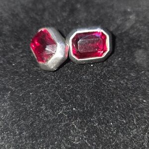 Silver Earrings with Deep Pink Octagon Gemstones